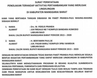 Cuplikan surat pernyataan pasangan bakal calon bupati Manggarai Barat, Fidelis Pranda-Benyamin Paju yang menolak aktifitas pertambangan. 