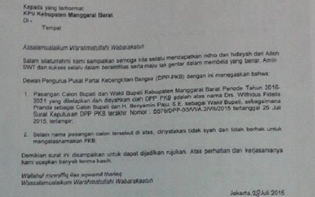 Cuplikan surat DPP PKB kepada DPC PKB Manggarai Barat yang berisi penegasan bahwa selain Pranda-Padju, tak boleh ada calon lain yang mengatasnamakan PKB.