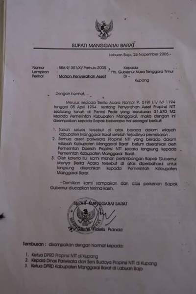 Salah satu surat Fidelis Pranda yang meminta aset Pantai Pede diserahkan ke pemerintah Kabupaten Manggarai Barat (Foto: Dokumen Floresa)