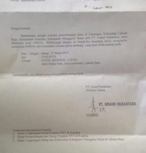 Surat undangan sosialisasi Amdal dan konsultasi pasca tambang PT Grand Nusantara 